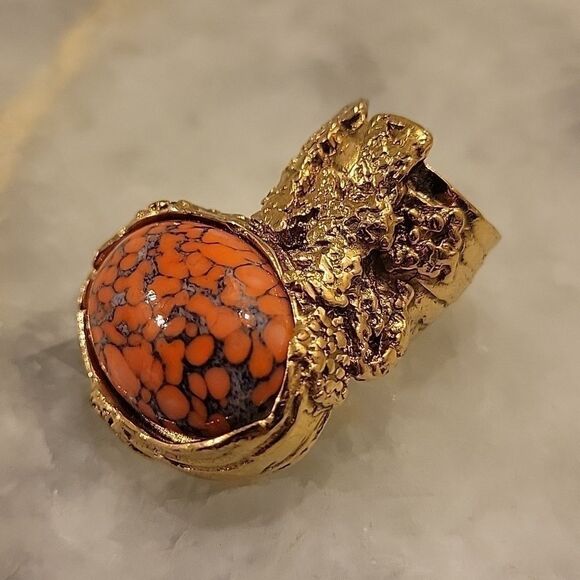 Yves Saint Laurent YSL 5 Arty Orange Coral Cabochon Limited RARE 24k Gold Ring - Picture 6 of 14